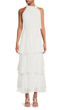 Julia Jordan Tiered A Line Maxi Dress 8 NWOT White Chiffon Dot Bridal Grad Glam